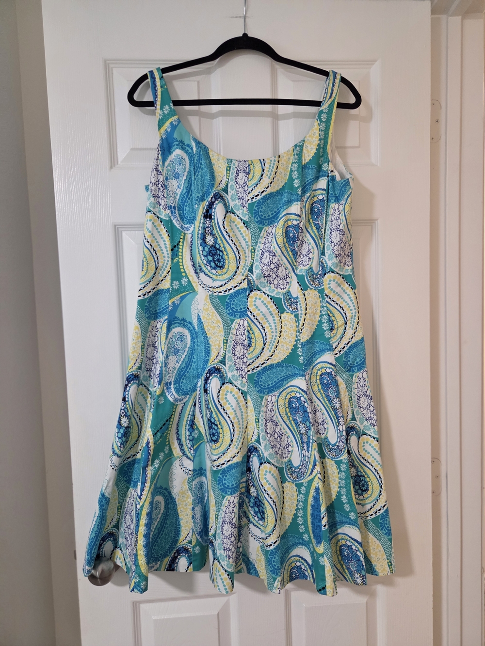 Pappagallo Turquoise Paisley Midi A-LineDress with Yellow Accents. Church Party
